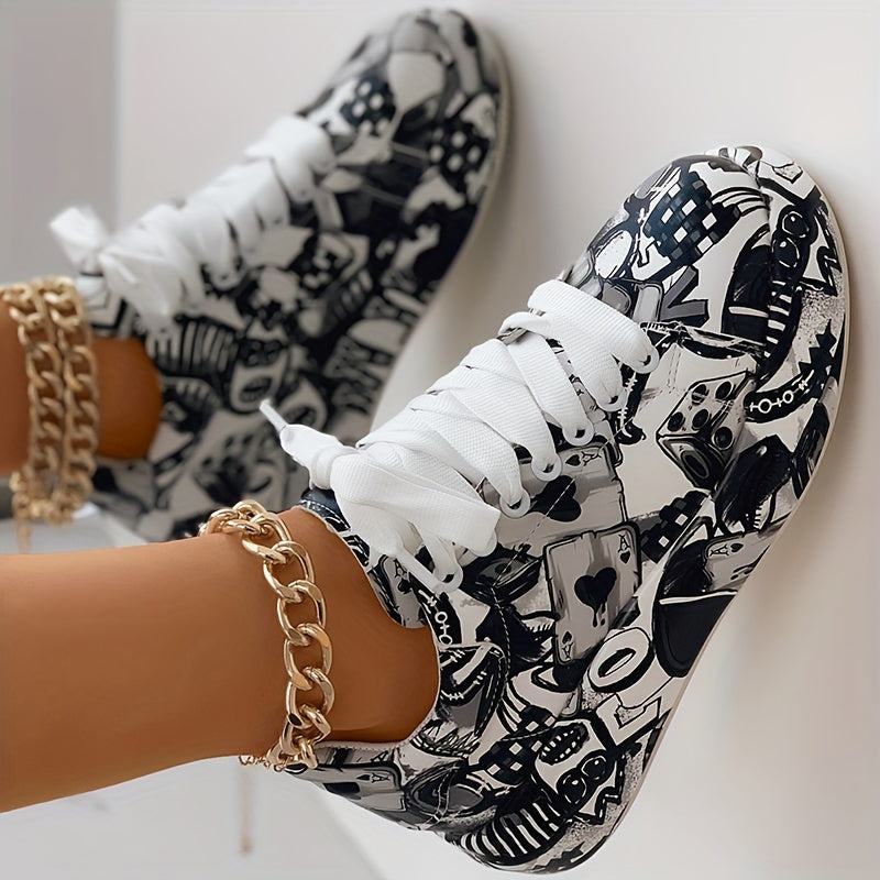 Womens Graffiti Art Sneakers - Stylish Lace-Up Platform Shoes with Comfortable Low Top Design - Perfect for Sports & Casual Wear - Fashionable Skate Style