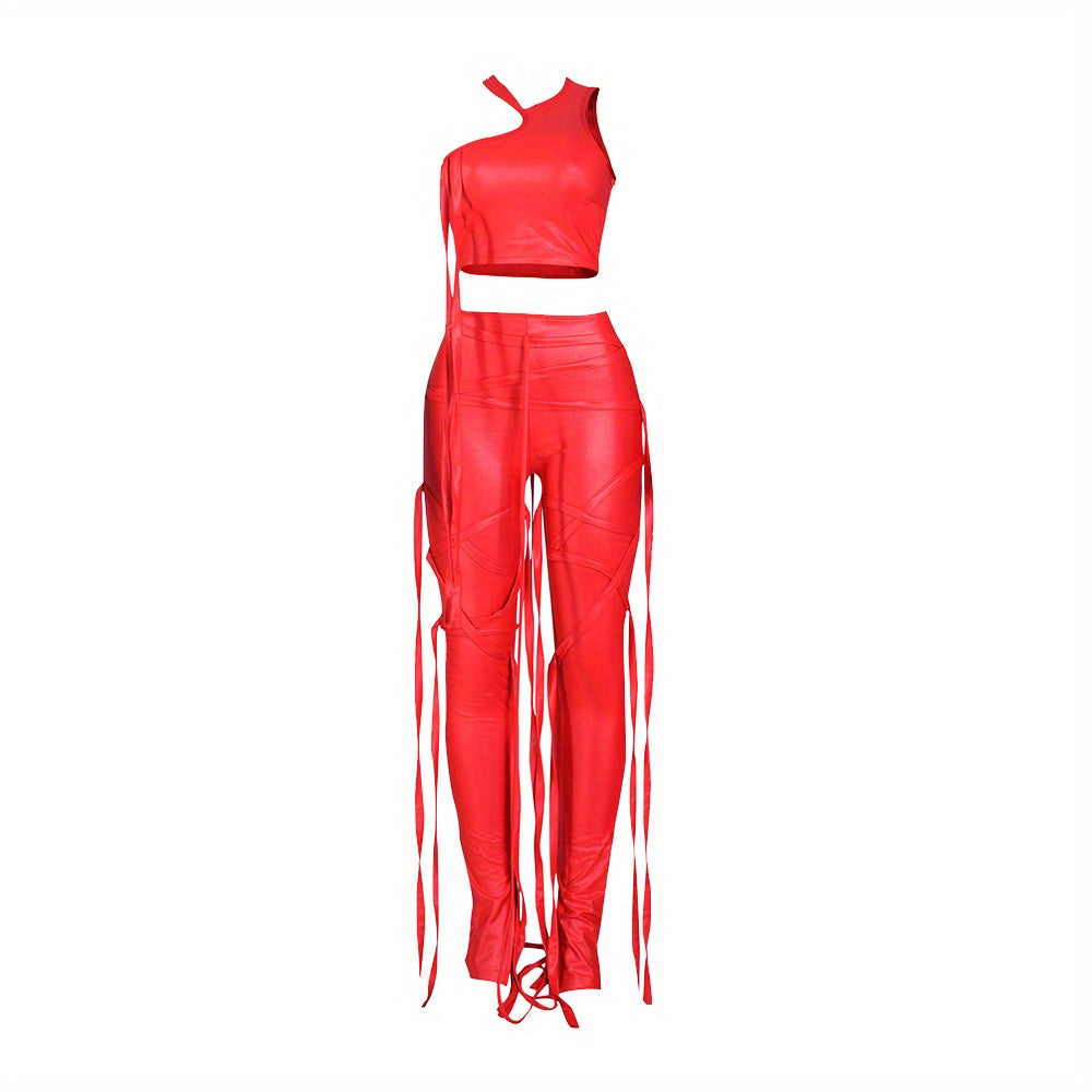Chic Solid Two-piece Outfit Set - Trendy Asymmetrical Sleeveless Top & Slim-Fit Pants - Flattering Womens Wardrobe Essential