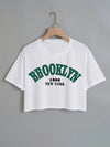 Women's Y2K Casual Cropped T-Shirt - Oversized Loose Fit Short Sleeve Round Neck Tee with Brooklyn New York 1898 Graphic Print, Breathable White Top for All-Season Wear, Ladies T Shirts, Streetwear Fashion, Relaxed Fit Shirt