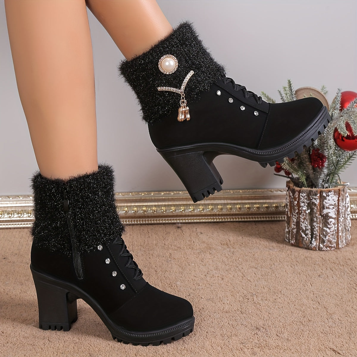 Women's Block Heeled Ankle Boots - Faux Pearl Decor Knit Stitching Booties - Fashion Winter Zipper High Heeled Boots - For Women - Suitable for Parties & Casual Wear - Perfect Gift for Fashionistas