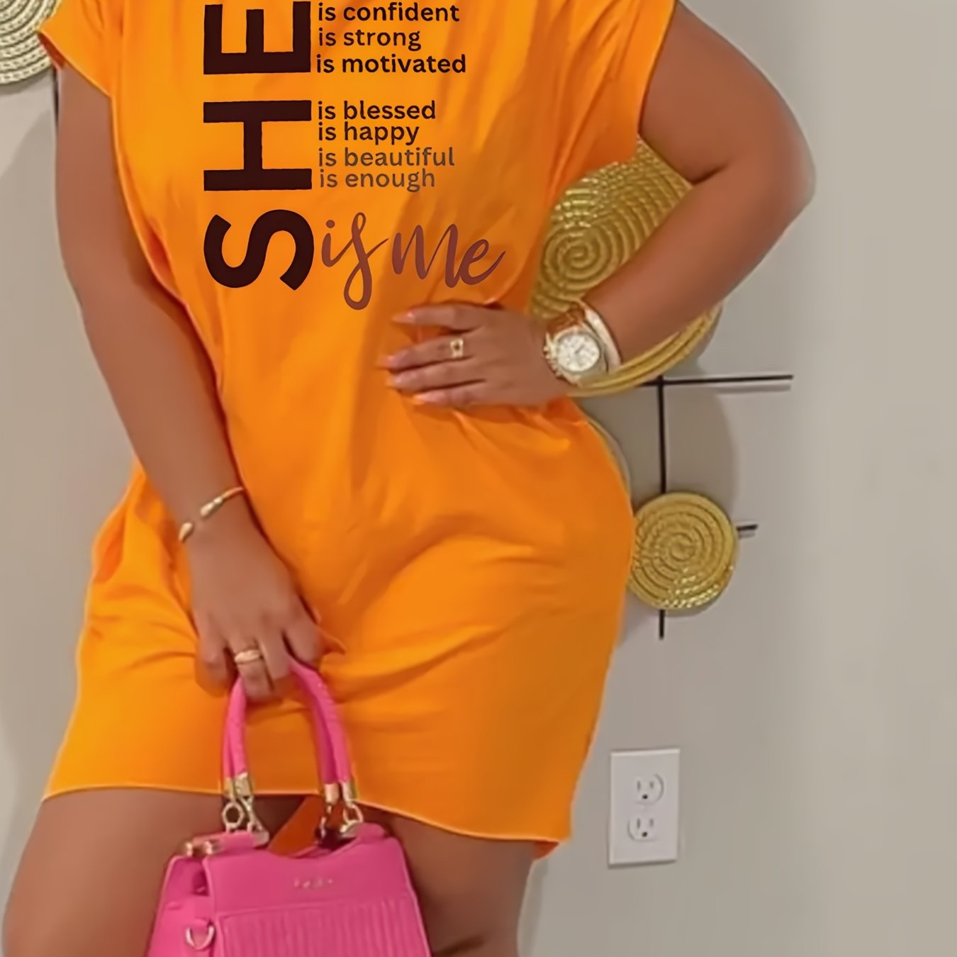 Women's Casual Fitted Dress with Pocket - Vibrant Orange Empowering "She Is Confident" Letter Print, Short Front & Long Back Asymmetrical Hem, Machine Washable All-Season Wear, Motivational Clothing | Asymmetrical Dress | Com