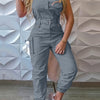 Solid Flap Pocket Cargo Jumpsuit with Belted Detail, Sleeveless Women's Casual Jumpsuit