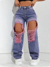 Women's Ripped Jeans - Wide Leg Casual Flared Pants, Butterfly Design, Stretch Fabric, Comfortable Fit, Suitable for All Seasons