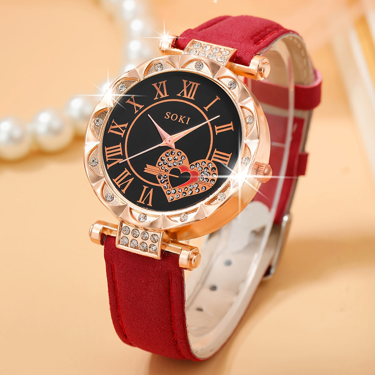 Ladies Watch 5pcs/Set Women's Pu Strap Quartz Watch with Bejeweled Dial And Rhinestone Necklace Earings Rings & Accessories Gift Set Mother's Day Women Party Holiday Birthday Wear Or As Sisters The Best Gift for A Lady No Box