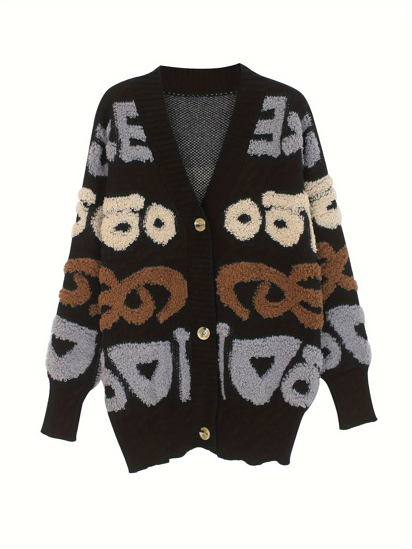 Letter Pattern Button Down Knit Cardigan, Casual Long Sleeve Loose Sweater Outwear, Women's Clothing