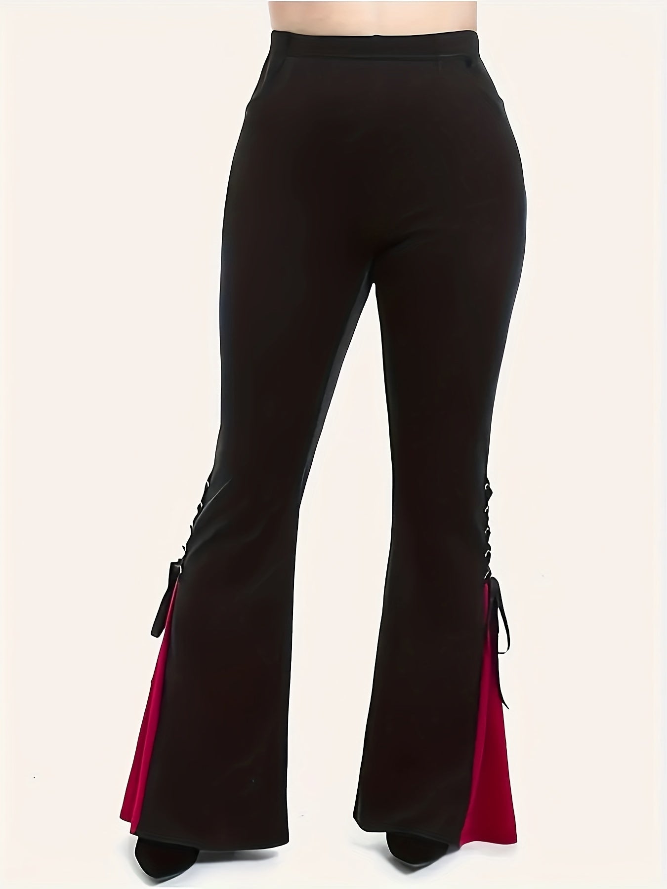Color Block Flare Leg Pants, Elegant Skinny Tie Side High Waist Pants For Spring & Fall, Women's Clothing