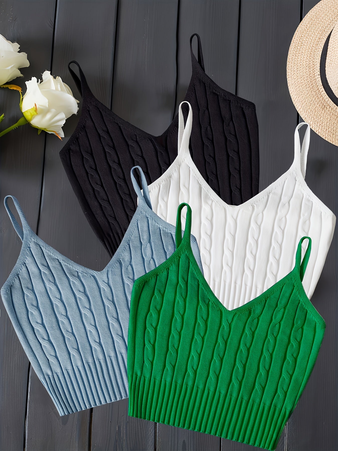 Valentine's Day 4 Packs Cable Knit Cami Tops, Versatile Crop V Neck Summer Sleeveless Cami Tops, Women's Clothing