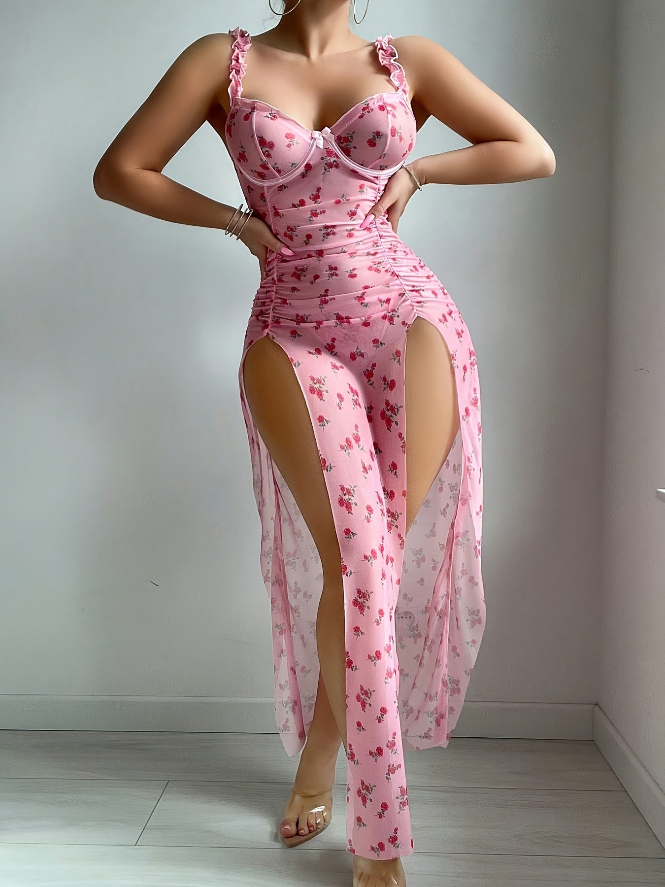 Printed polyester stretch pyjama set in high-slit pink color, pleated detailing, knitted fabric and unpadded bodice - Valentine's Day gift