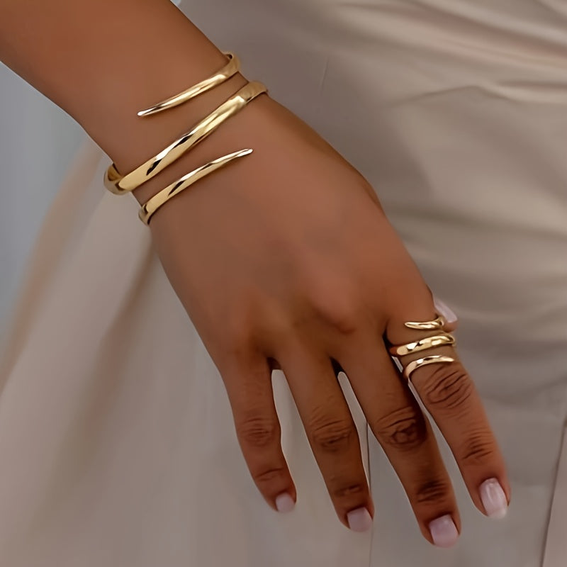 1set (1 Geometric Line Golden Bracelet And 1 Geometric Line Thick Ring) European And American Style Vintage Fashionable Bracelet And Thick Ring Combination Set for Women's Casual Attire, Various Holidays, Social Gatherings, A
