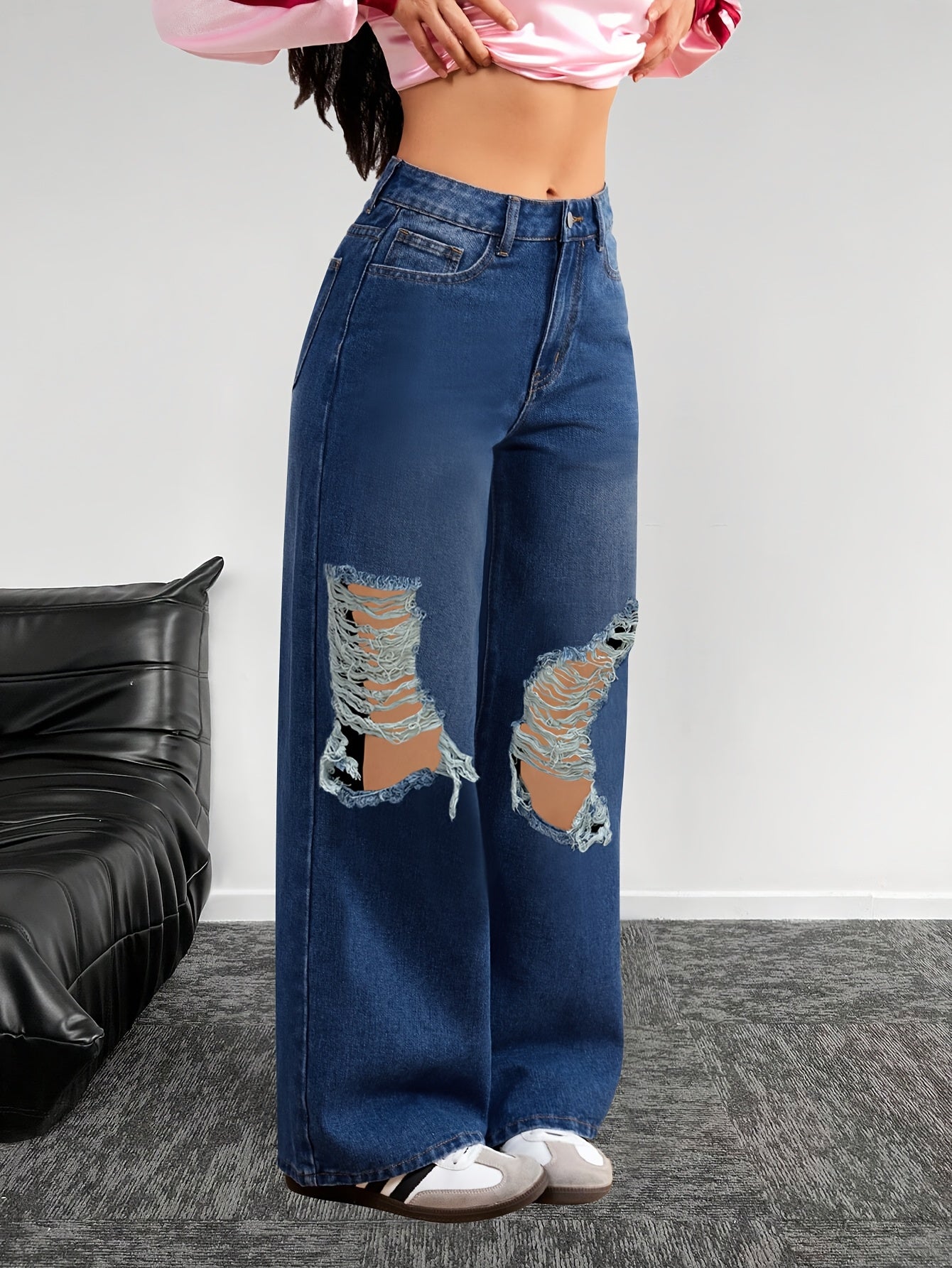 European And American Women's Jeans with Holes, Wide Leg Pants, Women's Pants