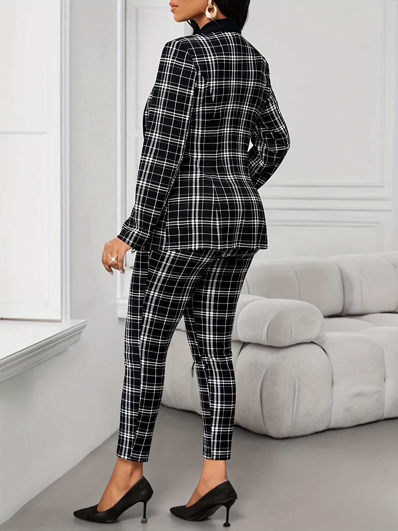 Elegant Geometric Print Plaid Blazer & Pants Set - Black & White Checkered, Long Sleeve, Button-Up, Casual Western Style, Elastic Waist, Pockets, Polyester Blend, Fall & Spring Attire for Women, Casual Attire|Modern Casualwea