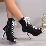 Women's Black Ankle Boots with Lace-Up, High Stiletto Heels & Peep Toe Design - Summer Fashion Shoes for Stylish Occasions, Chic Daywear Boots | Laceup Boots | Fabric Upper Boots, High Heel Boots
