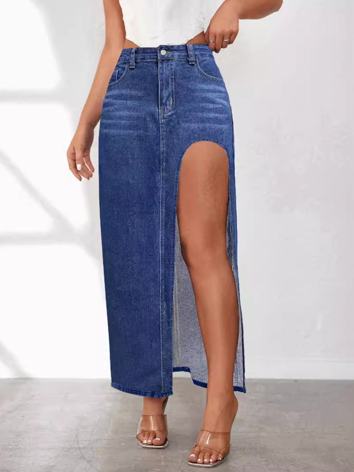 2025 Spring and Summer New Washed Solid Color High Split Half-body Denim Skirt