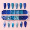 FULL BEAUTY Sparkly Blue Nail Glitter Set: 12 Grids of Shimmering Blue Sequins, Diamond Chrome, Fine Powder, Dust, Chunky Flakes, and Paillettes for DIY Manicure Decoration