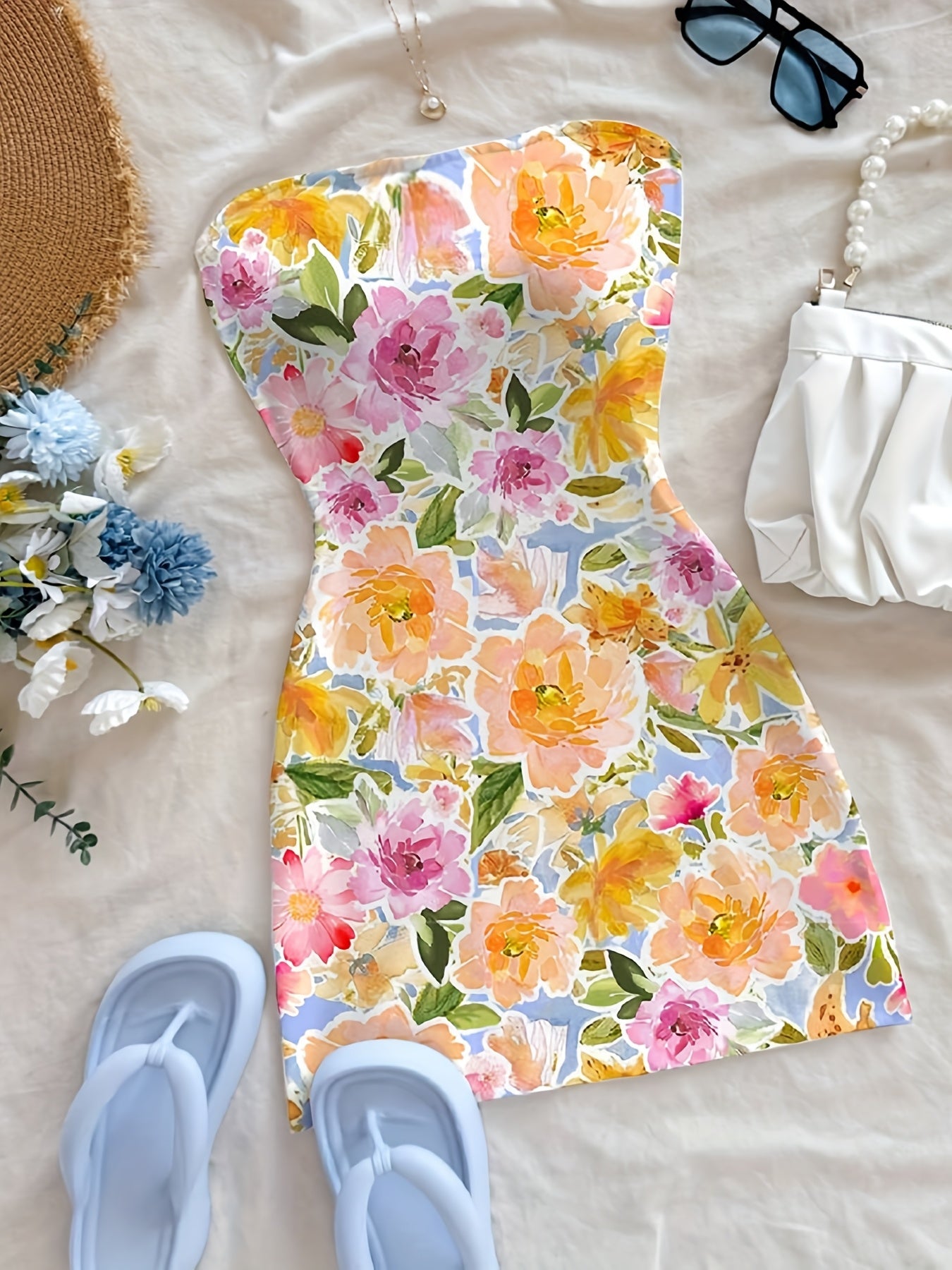 Women'S Floral Print Mini Dress - Vibrant Hibiscus & Rose Design, Sleeveless A-Line Summer Dress for Casual & Holiday Wear, Cute Summer Dresse