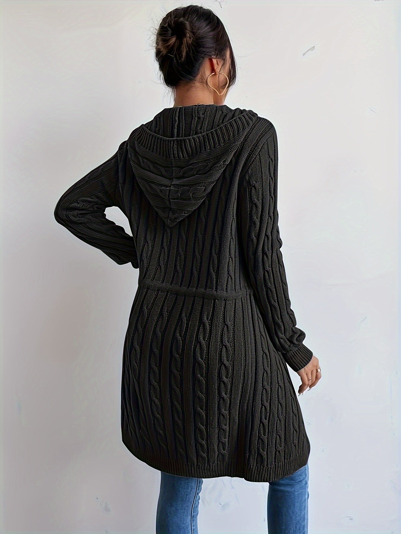 Cozy Chic Drawstring Waist Hooded Cardigan - Soft, Casual, Open Front, Long Sleeve, Relaxed Fit, Women's Clothing for Everyday Wear