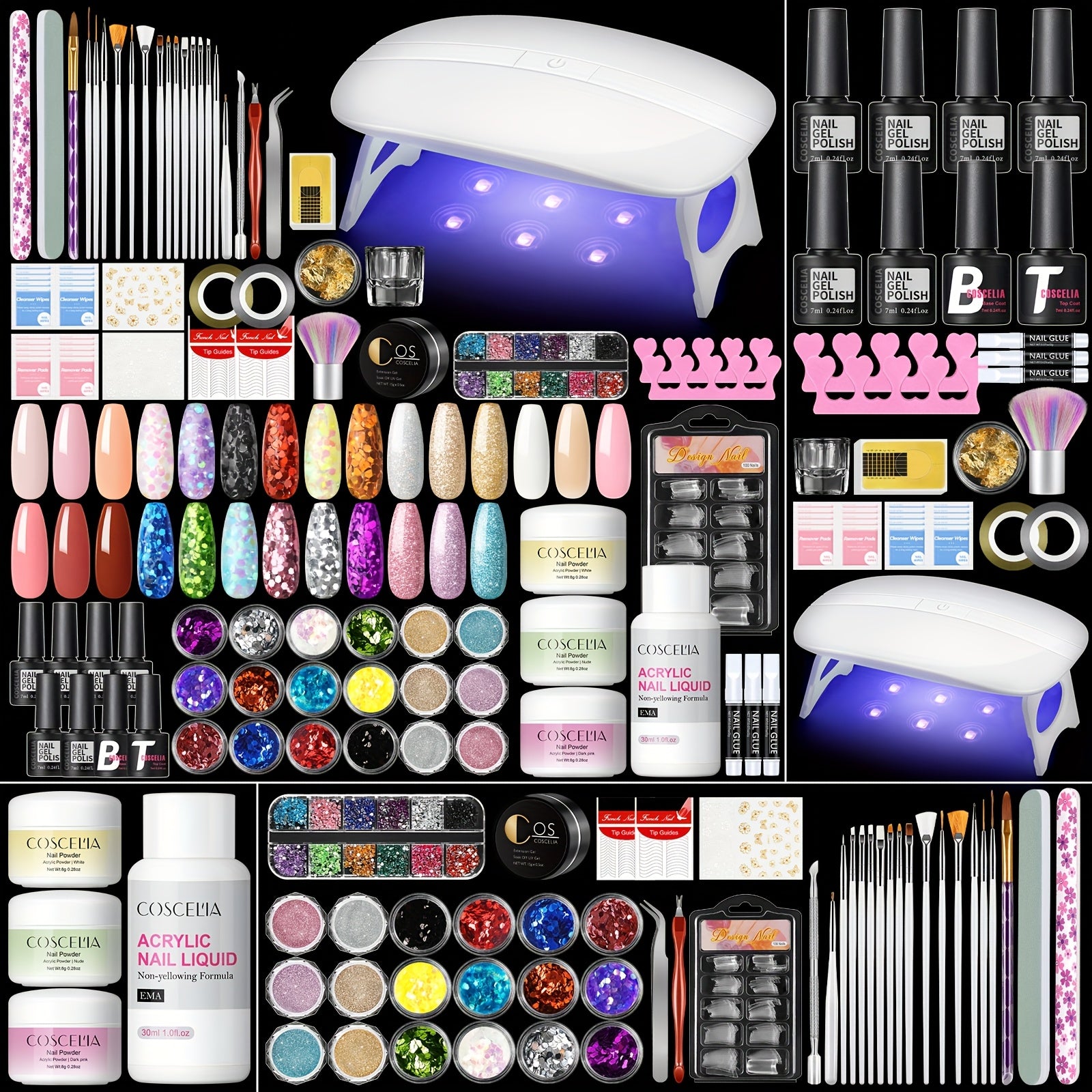 COSCELA Acrylic Powder Kit Nail Art Glitter Powder Gel Nail Polish Kit with Nail Drill And Nail Lamp Acrylic Liquid Manicure Tools Set Nail Extension Acrylic Nail Accessories Kit Valentine's Day Gift