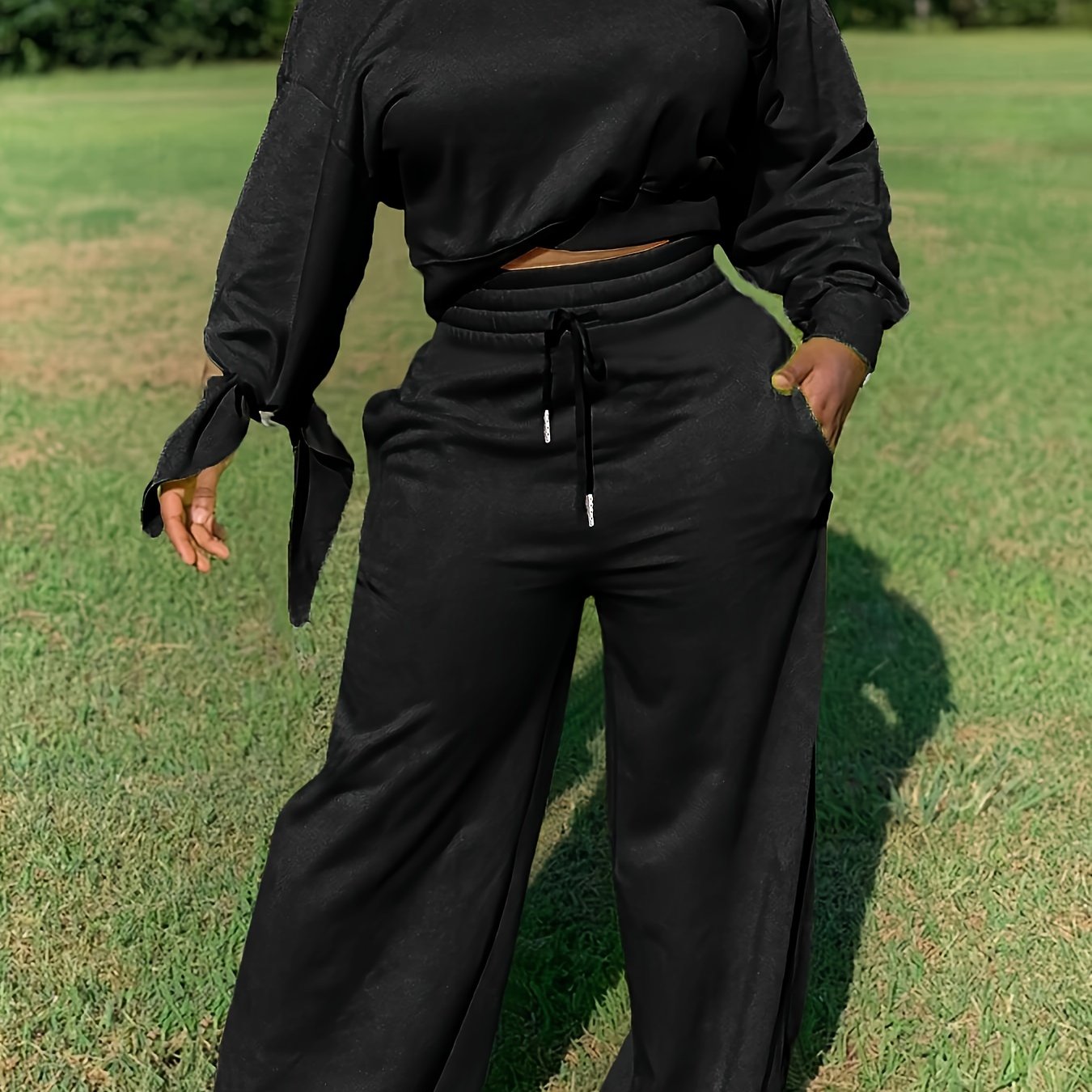 1set Women'S Solid Color Asymmetrical Sleeve Sweatshirt and Pants Set, Casual Crew Neck Polyester Knit Fabric, All-Season Lounge Wear