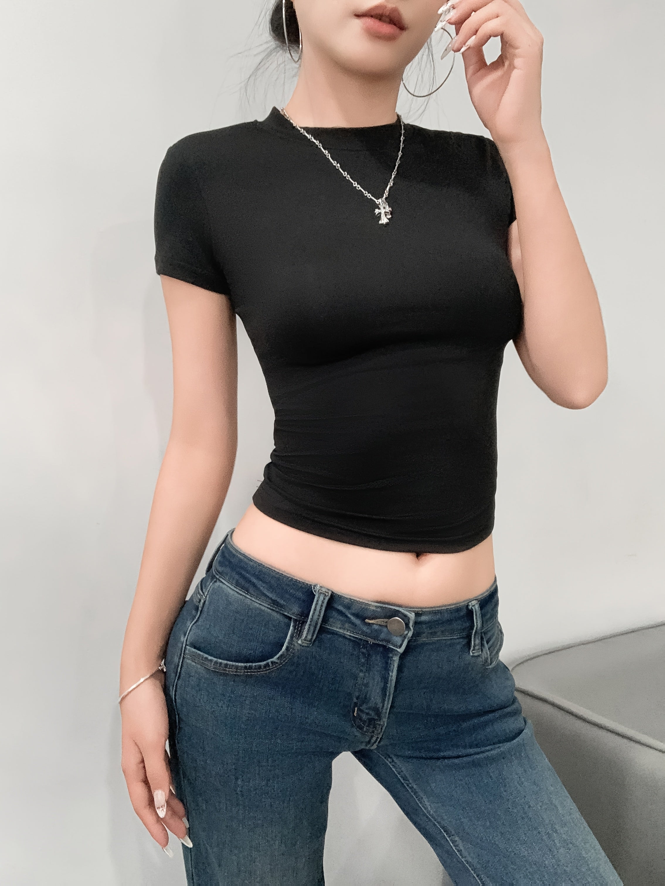 Women's Cropped T-Shirt - Sexy Slim Fit Short Sleeve Top with Round Neck, Medium Stretch Fabric, Machine Washable, Solid Color Summer Casual & Evening Wear