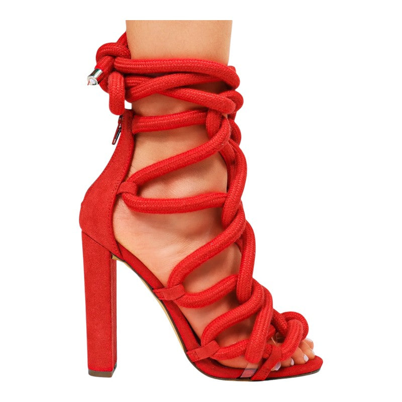 Women Chunky Heel Rope Lace Up High Heel Sandals