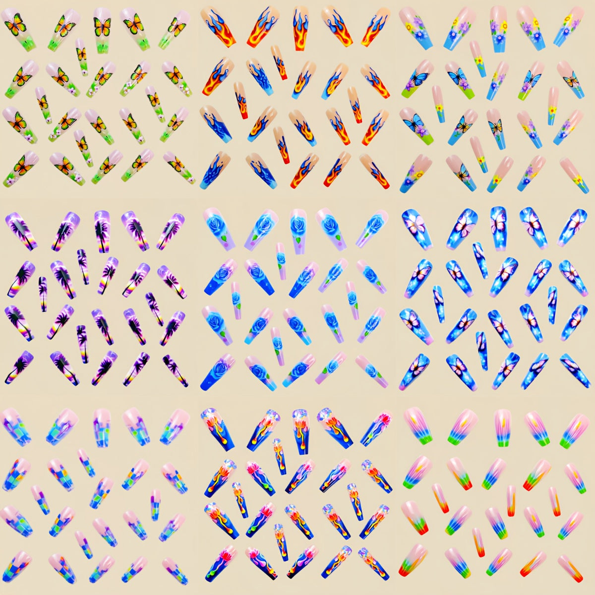 A Set of 216 Press-On Fake Nails, Featuring a Combination of Nail Art Stickers for The New Year. This Spring And Summer Collection Includes Floral And Butterfly Designs, with a Shiny, Colorful Mix of Removable Nail Stickers i