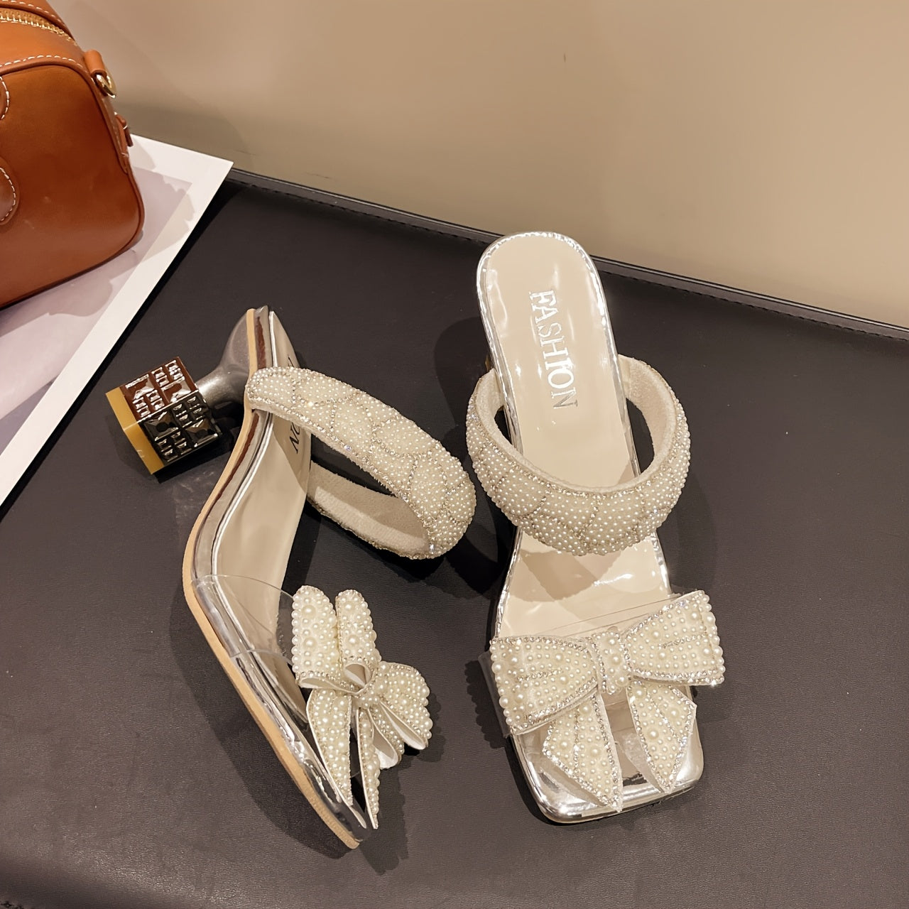 Women'S Summer Bowknot High Heel Sandals - Stylish Square Toe, Open Toe, Slip-On Design with Golden Accents, Faux Cover Upper & Sole, Perfect for Casual or Dressy Occasions, High Heel Sandals