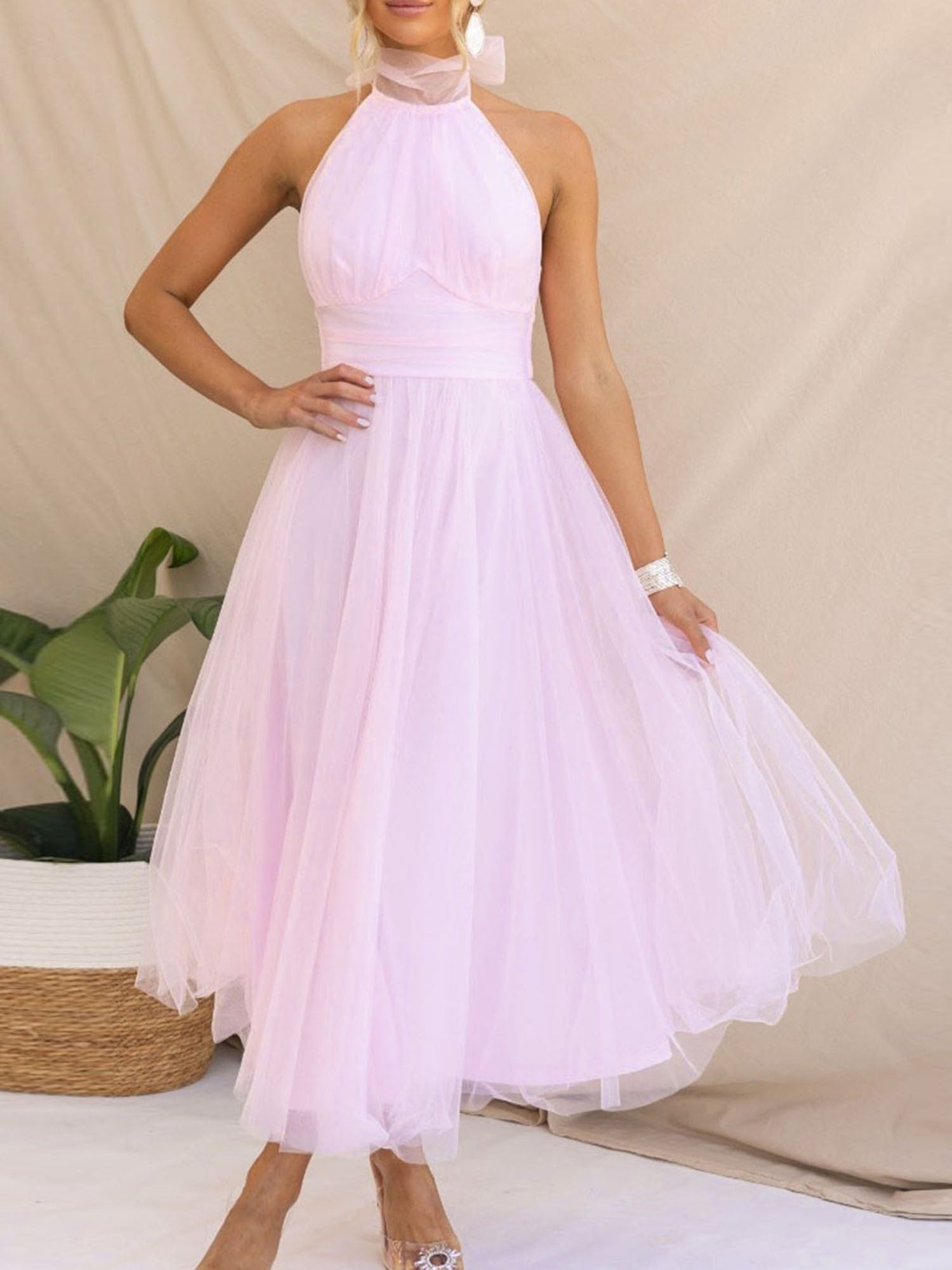 Womens Backless Long Dress Adjustable Tie Halter Neck Tulle High Waist Solid Party Wedding Dress