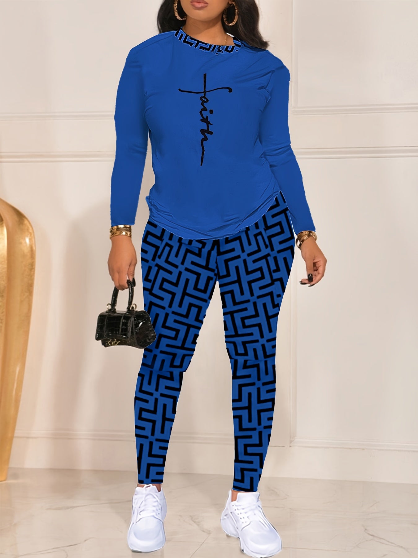 Chic Geo Print Women's Outfit - Casual Long Sleeve Top & Pants Set, Stretchy Polyester Blend, Machine Washable - For Women - Perfect for Everyday Wear  - Great Gift for Fashionable Ladies