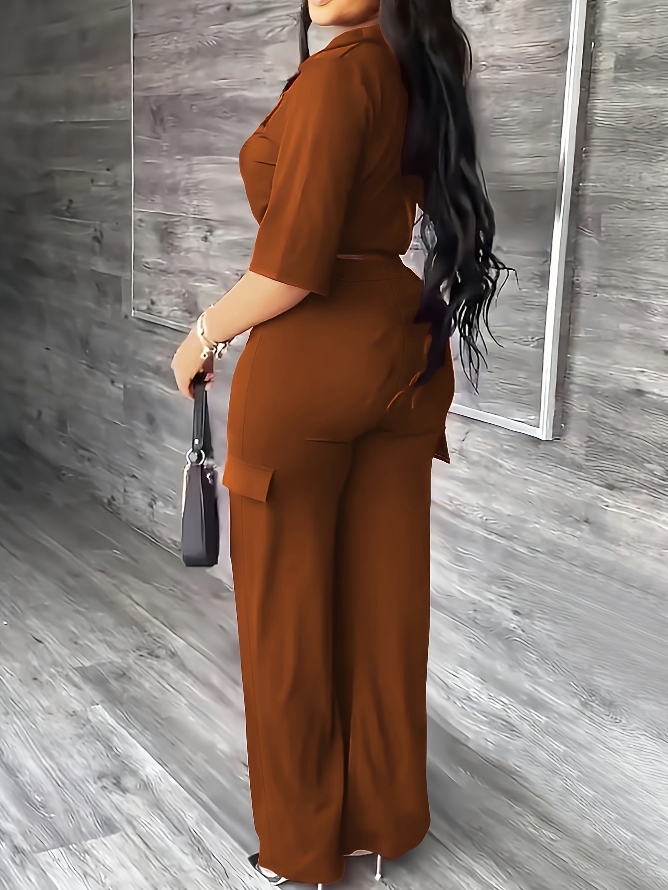 [Elegant Women's Outfit] Elegant Women's Outfit - High-Waisted Straight-Leg Pants with Drawstring Hem - Allseason Outfit, Glossy Fabric, European And American Style
