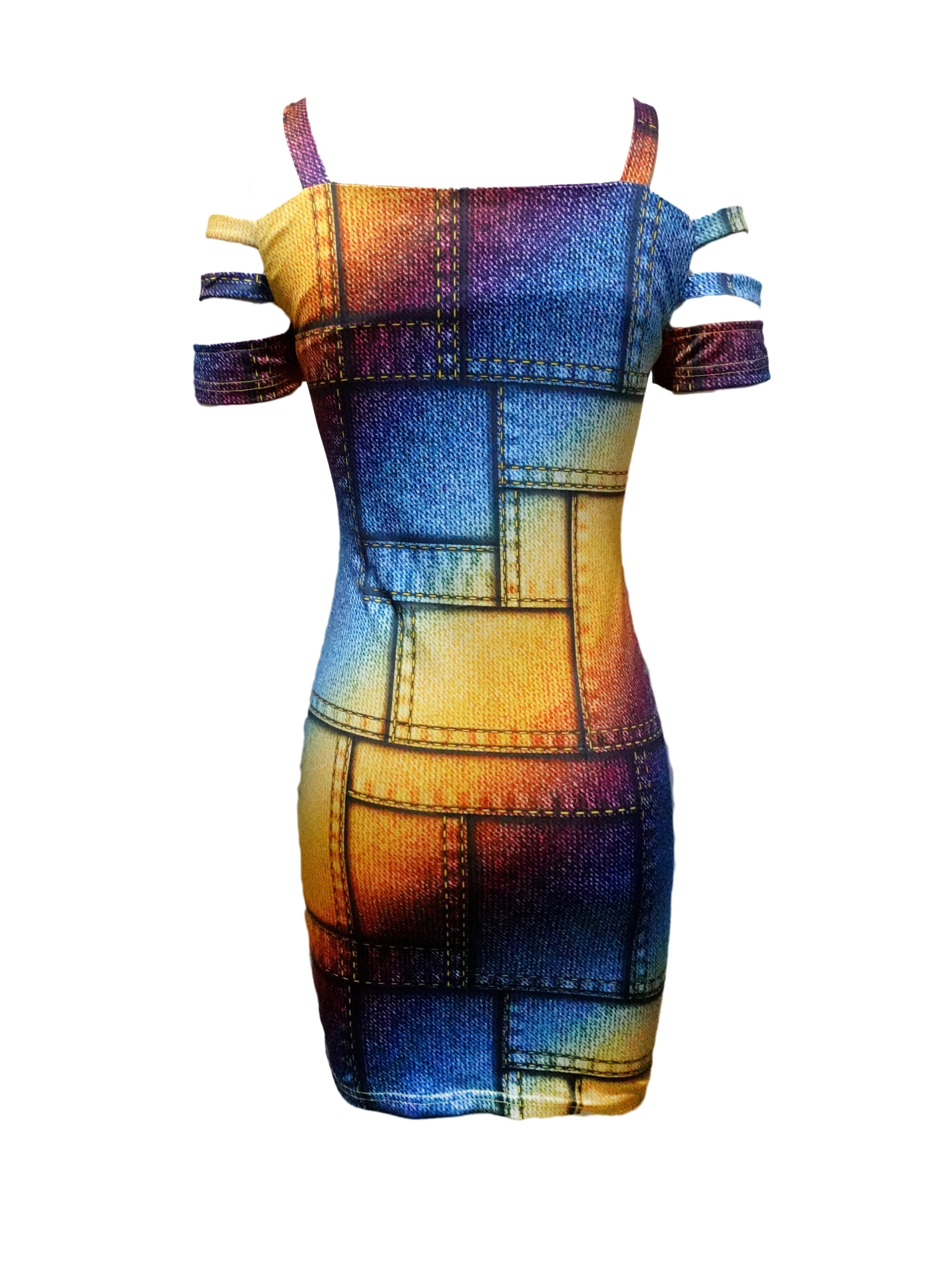 Cold Shoulder Half Zip Patchwork Print Dress, Elegant Chain Shoulder Bodycon Dress For Spring & Summer, Women's Clothing