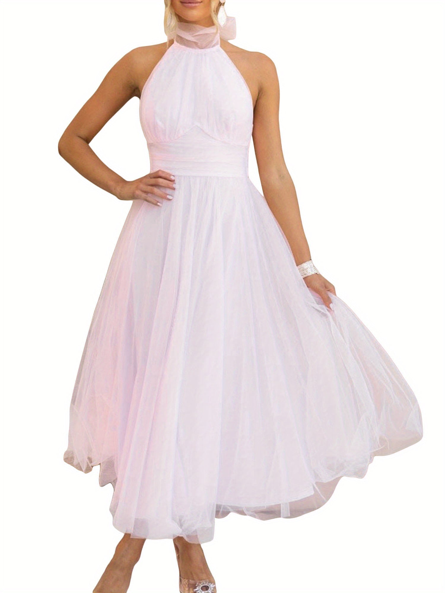 Womens Backless Long Dress Adjustable Tie Halter Neck Tulle High Waist Solid Party Wedding Dress