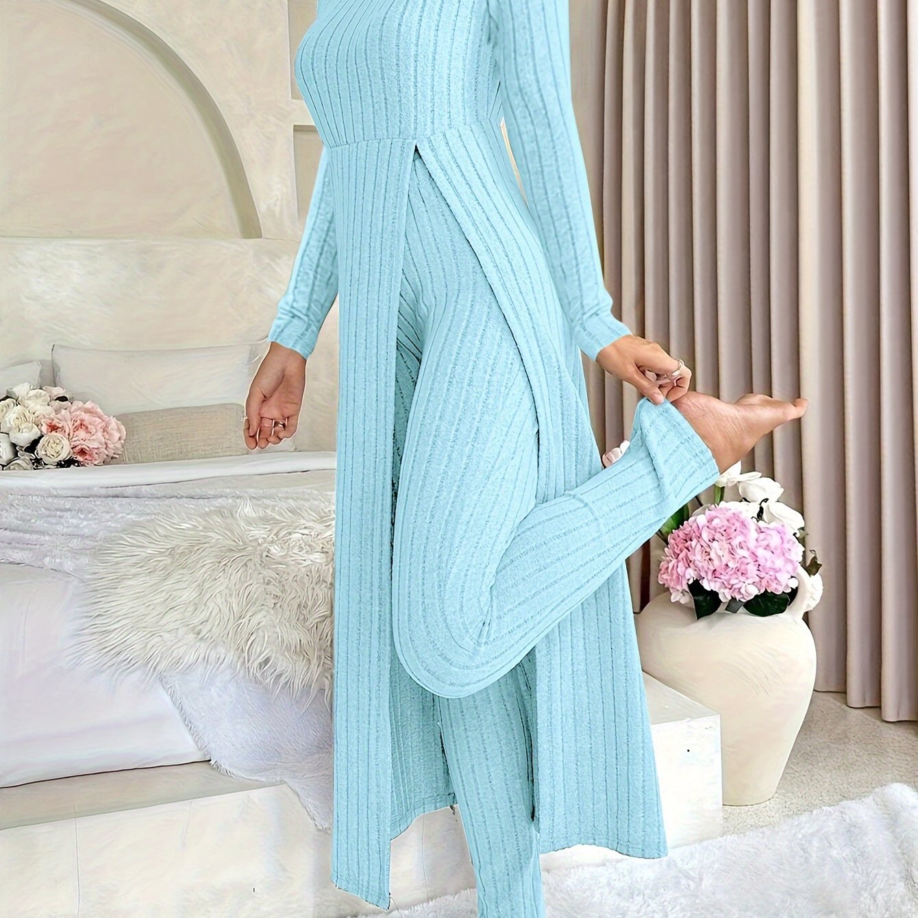 Short Sleeve V Neck Solid Color Ribbed Pants Set, Elastic Waist Slim Outfits with Long Length Top, Casual Women's Clothing