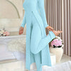 Short Sleeve V Neck Solid Color Ribbed Pants Set, Elastic Waist Slim Outfits with Long Length Top, Casual Women's Clothing
