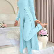 Short Sleeve V Neck Solid Color Ribbed Pants Set, Elastic Waist Slim Outfits with Long Length Top, Casual Women's Clothing