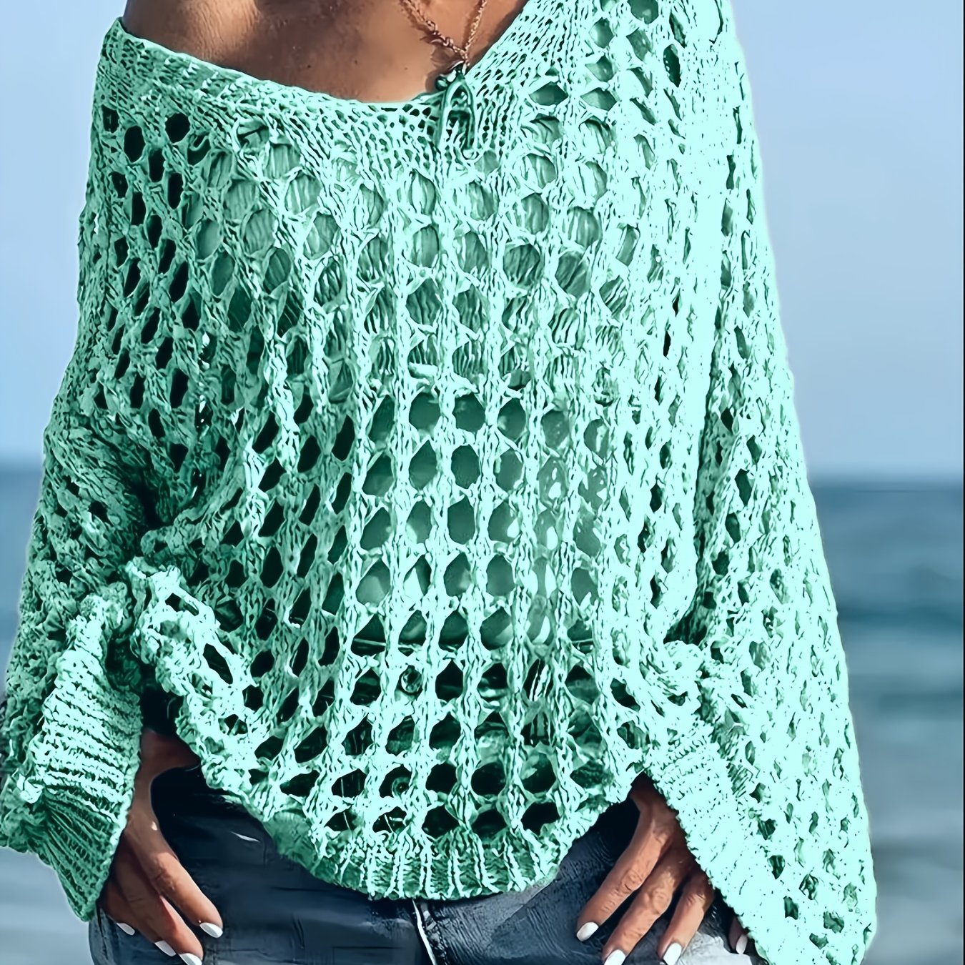 [Beach-Ready] Women's Crochet Knit Top | Long Sleeve | Polyester | Breathable | Casual | Spring & Summer