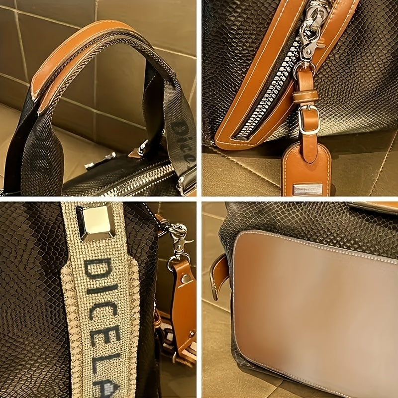 Elegant Retro Faux Leather Handbag for Women - Large Capacity Crossbody Bag with Adjustable Strap, Zip Closure, and Stylish Contrast Detailing in Black & White