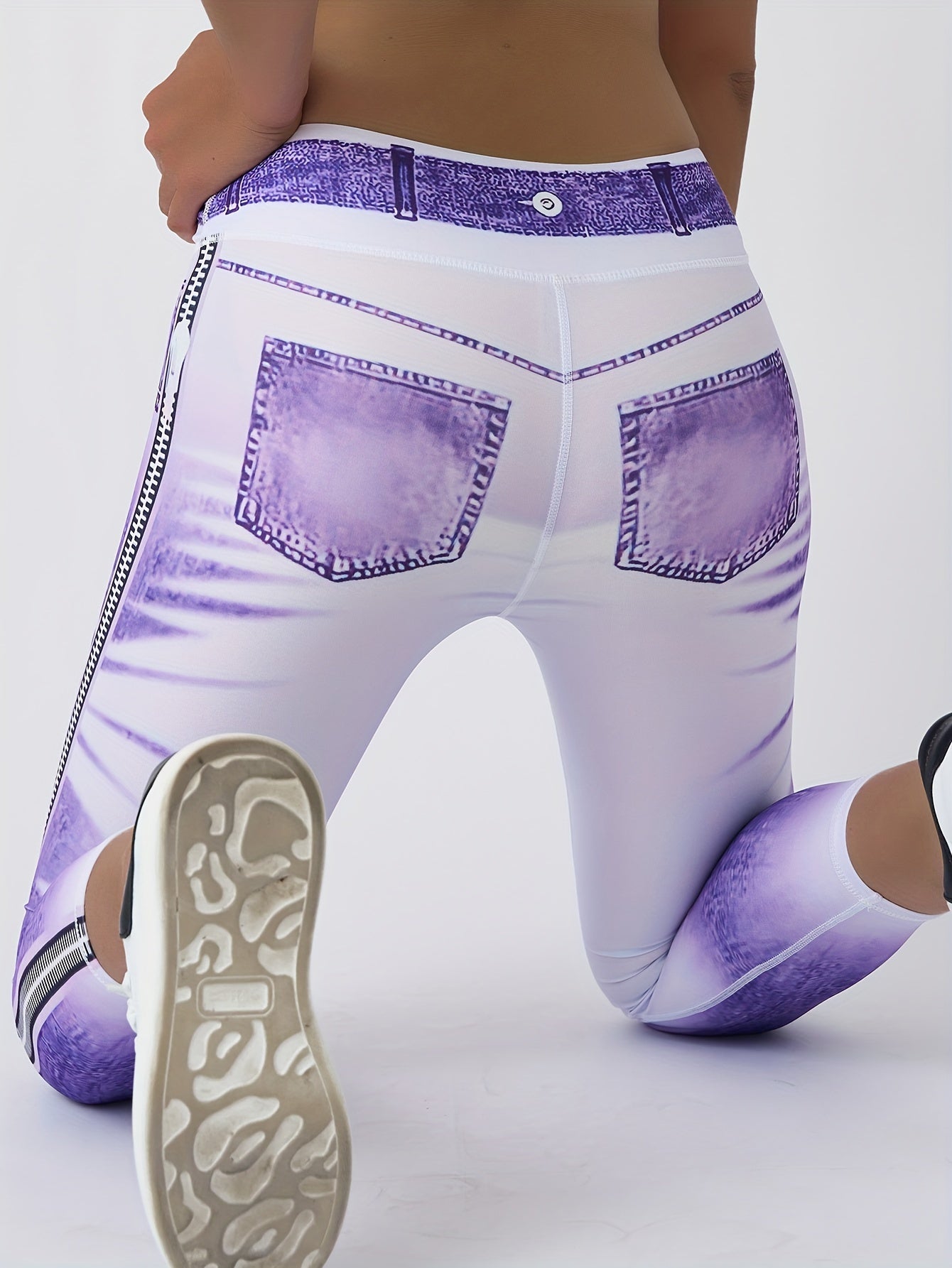 Women'S High-Waisted Denim Print Yoga Pants, 90% Polyester 10% Elastane, Skinny Fit, Long Length, All-Season Sports Leggings with Elastic Waist, Knit Fabric, 220g/m², for Running & Fitness
