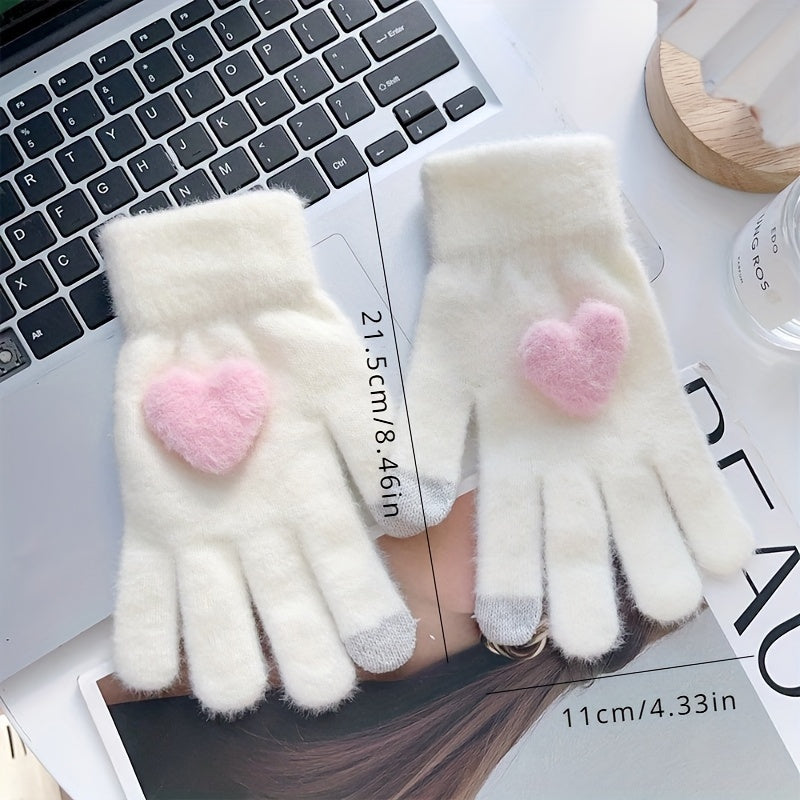1 Pair Cozy Plush Love Heart Gloves for Women - Soft, Warm Touchscreen Mittens in Pink, Light Gray, White, and Beige - Thick Knit Winter Gloves with Elastic Fit for Evening Dates, Gloves for Cold Weather