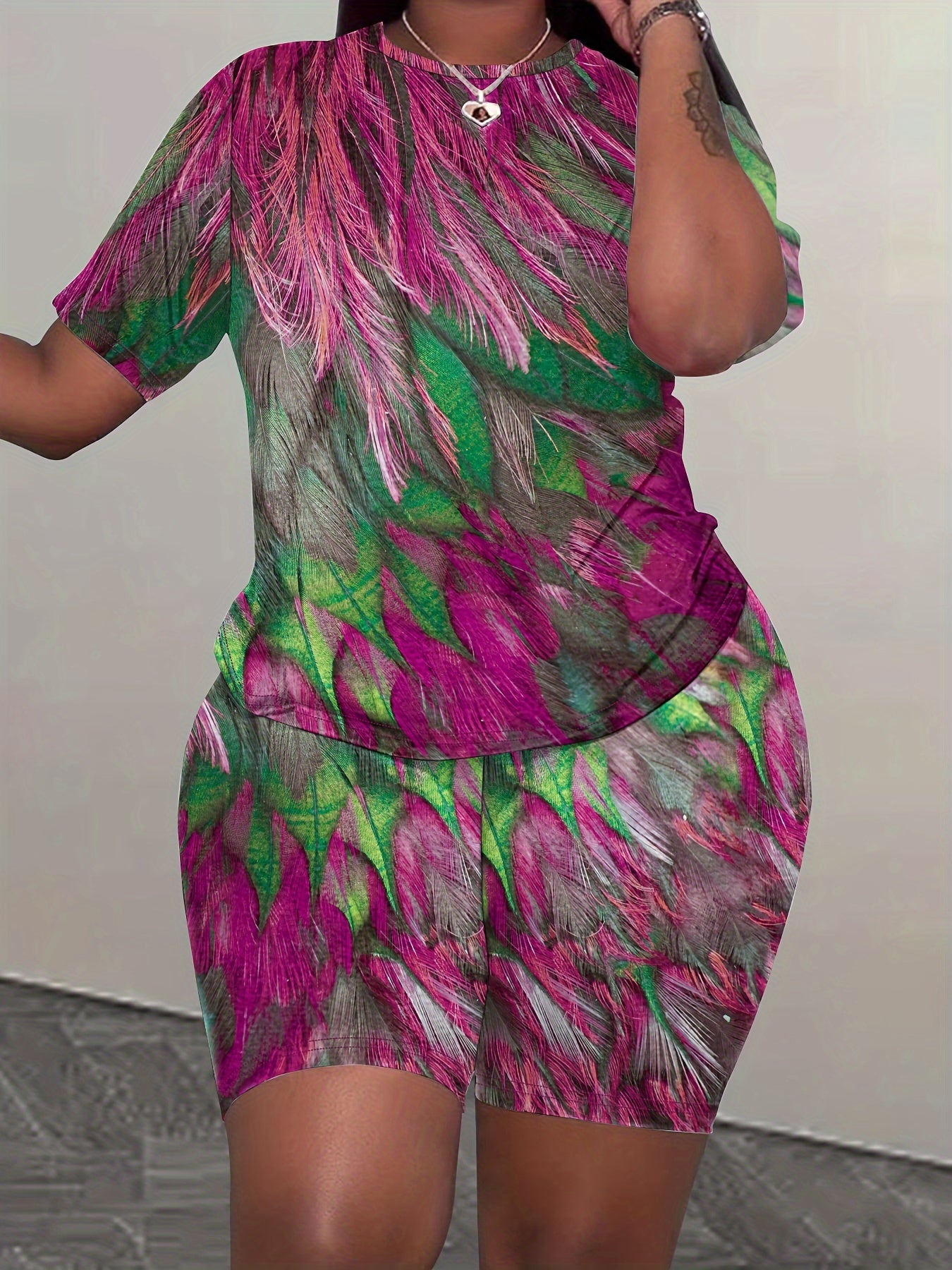 Women's Tie-dye Print Casual Top T-shirt and Tight Shorts Set Two-piece