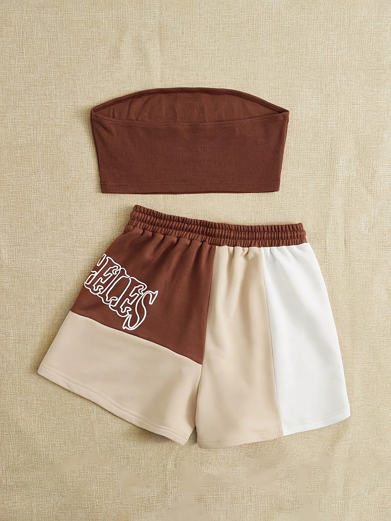 Women'S Stylish Casual Printed Color-Blocked Shorts And Strapless Two-Piece Set