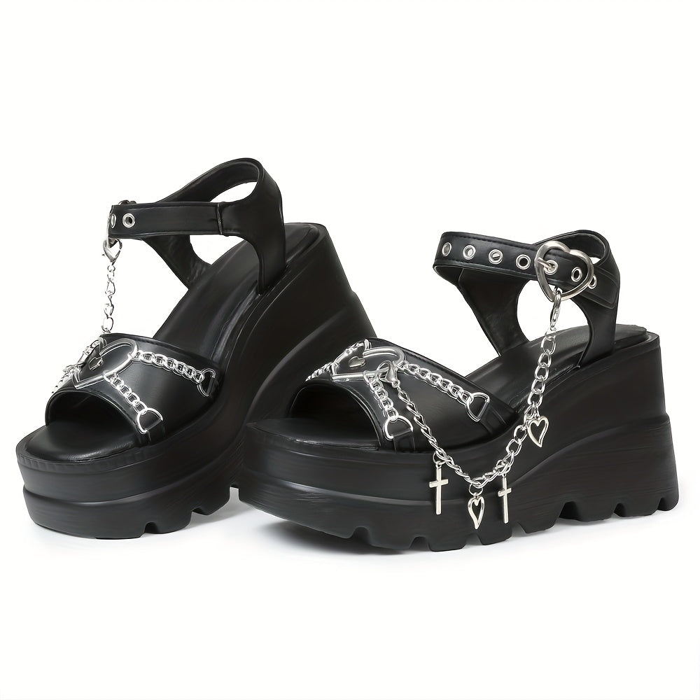 Gothic Platform Sandals with Cross & Chain Detail – Open Toe Buckle Strap Heels, Ankle Strap Design, Chunky Rubber Sole, Spring Fashion Footwear