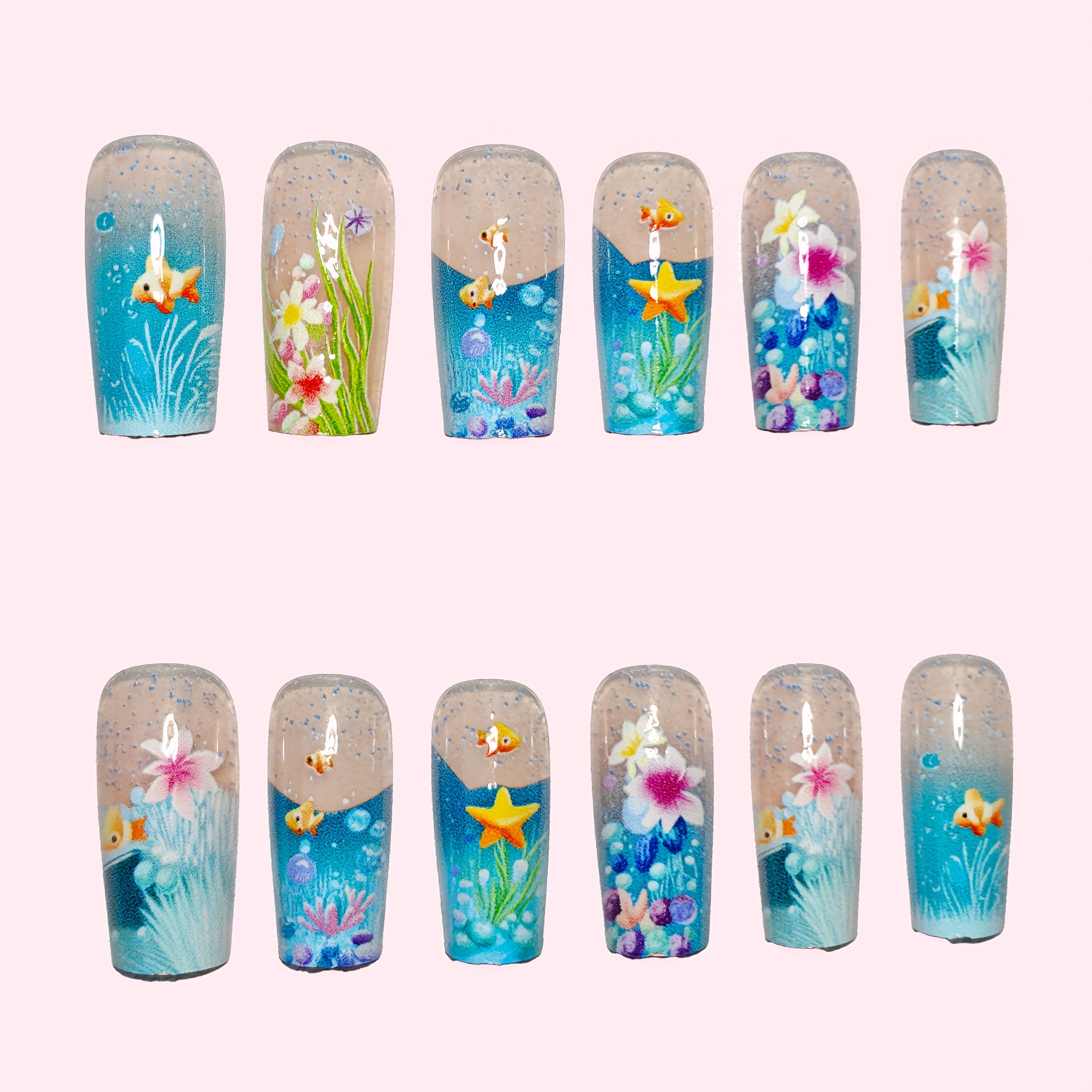 24pcs Deep Sea Mystery Hand-Painted Nail Tips - Sparkling Blue with Little Fish & Starfish, Removable Press-On Nails for a Magical Nail Art Experience, Nail Art Accessories