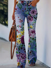 Women's Vibrant Floral Print Flared Jeans - Casual Bell Bottom Denim Pants with Slash Pockets, Stretchy & Comfortable, Perfect for All Seasons