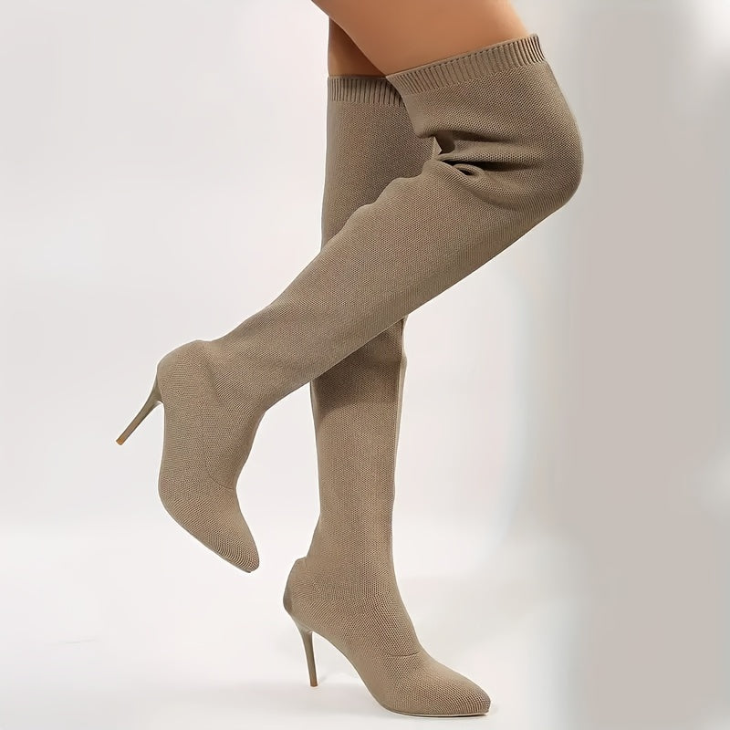 Ladies' Over-the-Knee High Heel Booties - Casual Style, Hand Washable, No Dry Clean, Pure Color, Suitable for All Seasons, Easy Slip-On, Pointed Toe, Thin High Heel, Fabric Upper, Fabric Lining, Rubber Sole, Fabric Insole, Ra