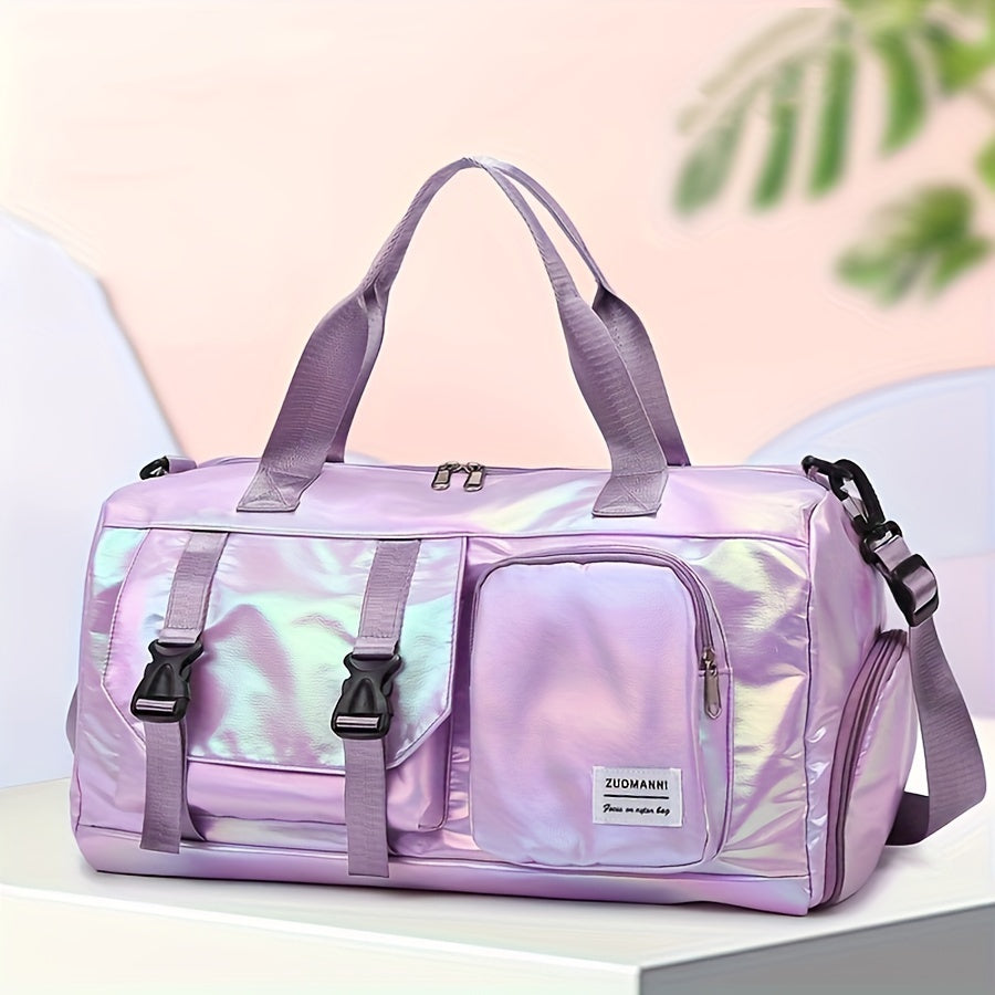 Large Capacity Women'S Nylon Travel Duffel Bag - Pink Iridescent Weekender Gym Tote with Shoe Compartment, Shoulder Strap & Multiple Pockets - Versatile Sports & Fitness Carry-On