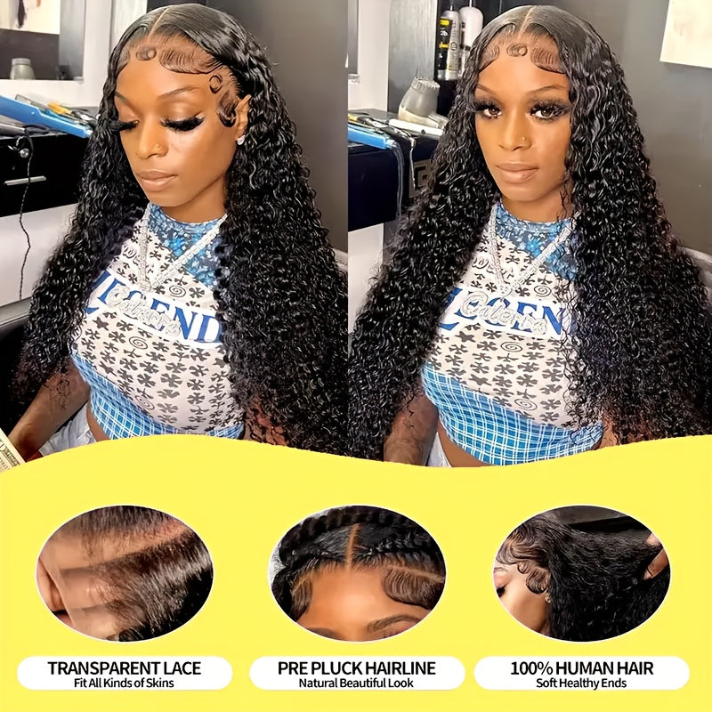 40" Brazilian Virgin Human Hair Wig - 250% Density Kinky Curly Wave 13x4 HD Transparent Lace Frontal with Pre-Plucked Bleached Knots & Baby Hair, 100% Remy Hair for (Natural Color), Long Hair Wig, Styling Versatility, Texture