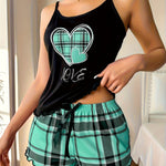 Women's Plaid Heart Print Frill Trim Casual Pajama Set, Round Neck Backless Cami Top & Shorts, Comfortable Relaxed Fit, Summer Nightwear