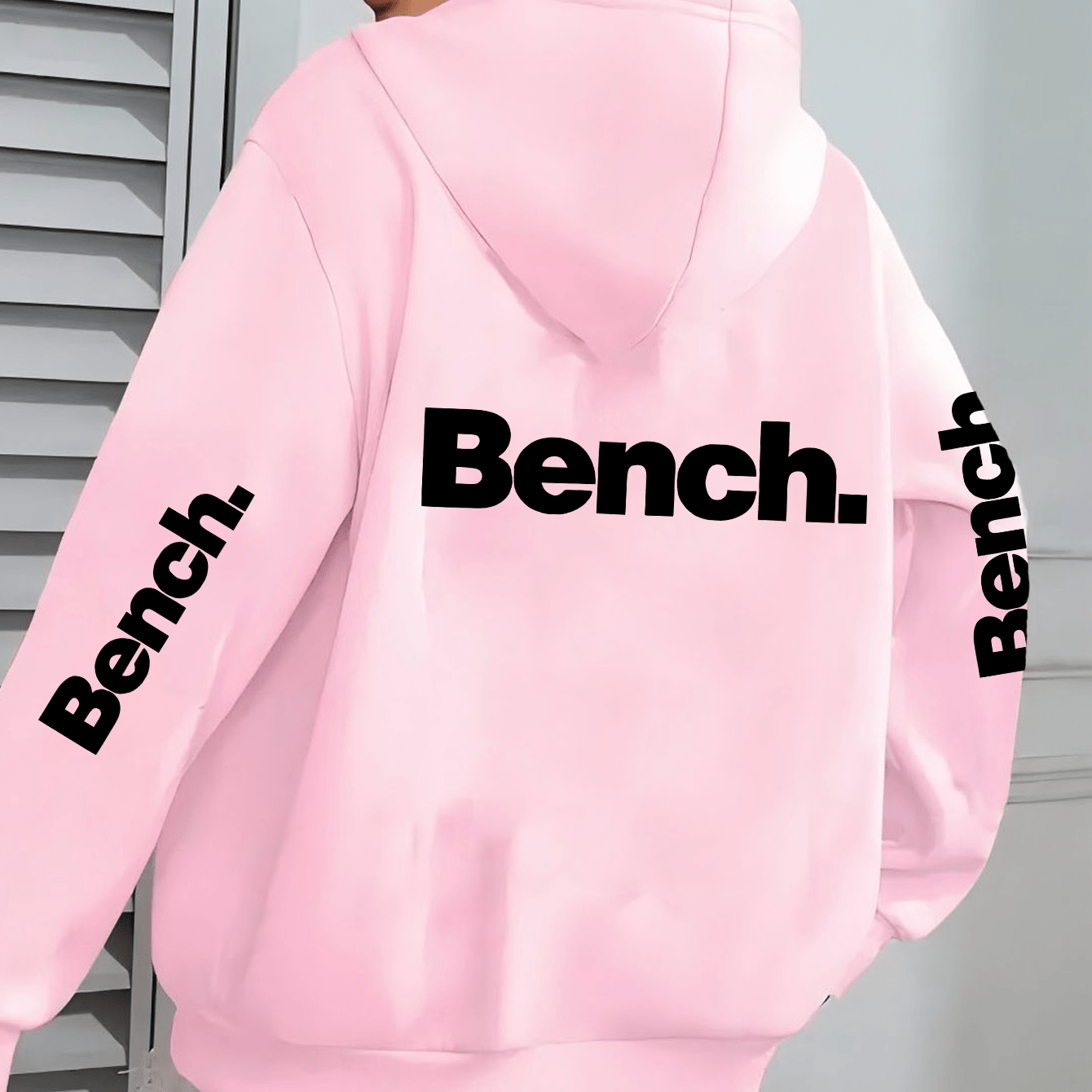 Women's Casual Hooded Jacket with Bold "Bench" Letter Print, Kangaroo Pocket & Zipper Collar - Machine-Washable Polyester, All-Season Versatile Outerwear, Perfect Gift for Her, Lightweight Layering, Urban Fashion, Quality Sti