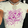Y2K Rose Mask Graphic Crop Top T-Shirt - White with Purple Heart & Floral Print Design, Short Sleeve, Breathable Polyester Blend, Machine Washable, Women’s Fashion, Casual Wear | Graphic Tee | Semitransparent Material