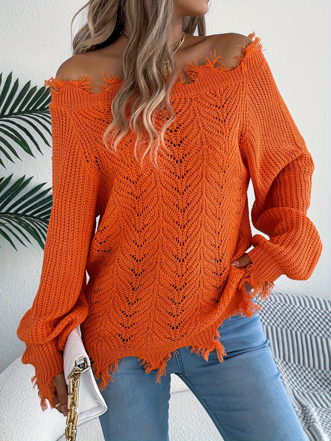 Raw Trim Off-shoulder Ripped Sweater - Stylish Long Sleeve Sweater For Spring & Fall - Women's Clothing -  Soft & Cozy Fabric - Perfect Gift for Fashionable Women
